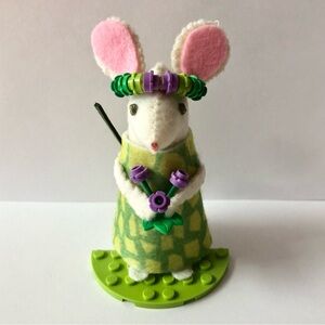 Lego adorned Felt Mouse Art Doll flowers Hand-sewn green purple headband maniac